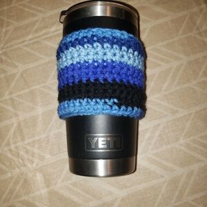 YETI Black Tumbler with Blue Crochet Sleeve